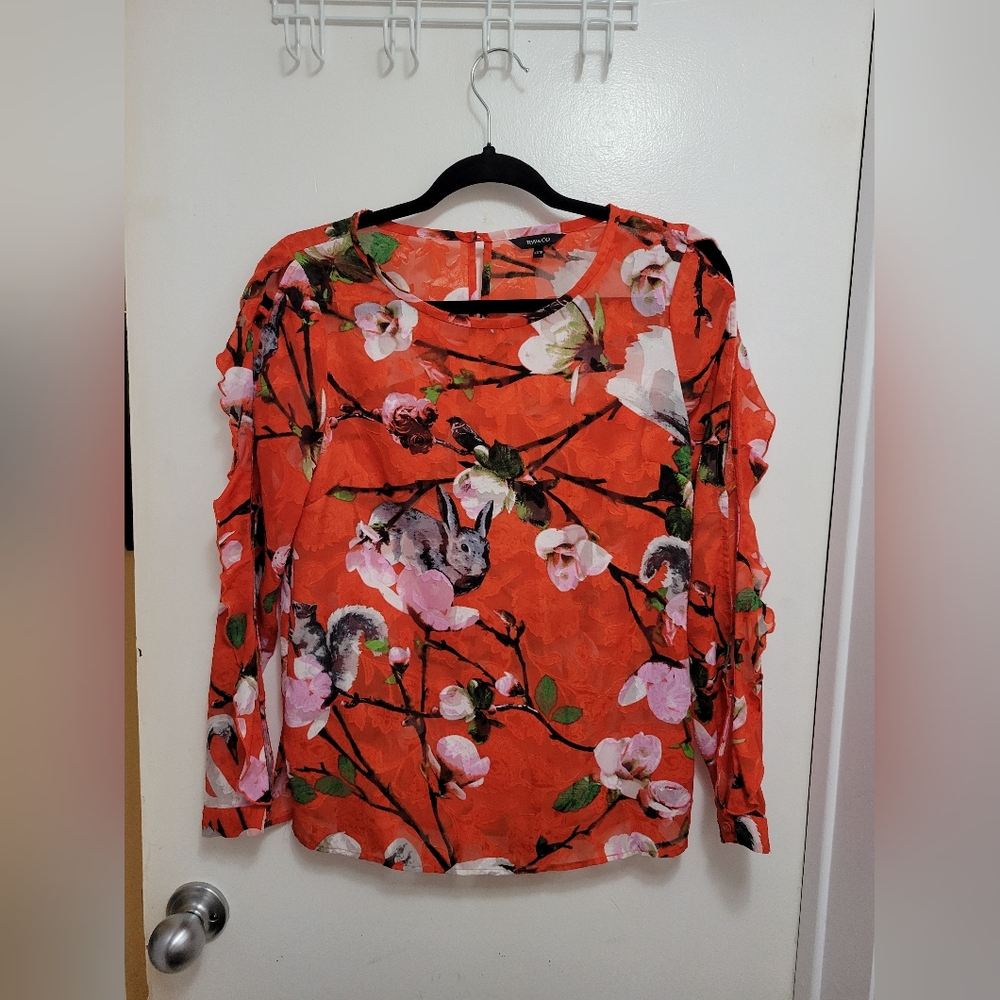 RW Red Floral Blouse With Open Sleeve Detail